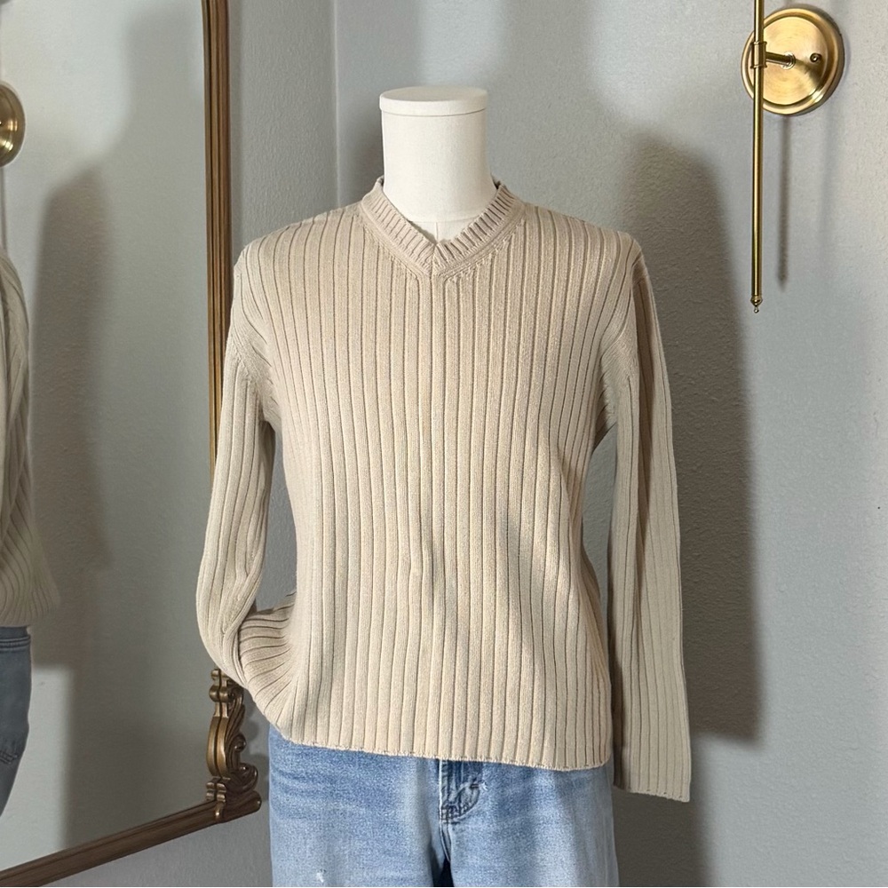 VTG 90s Structure Ribbed Knit Sweater L Grandpacore Academic Neutral Minimalist